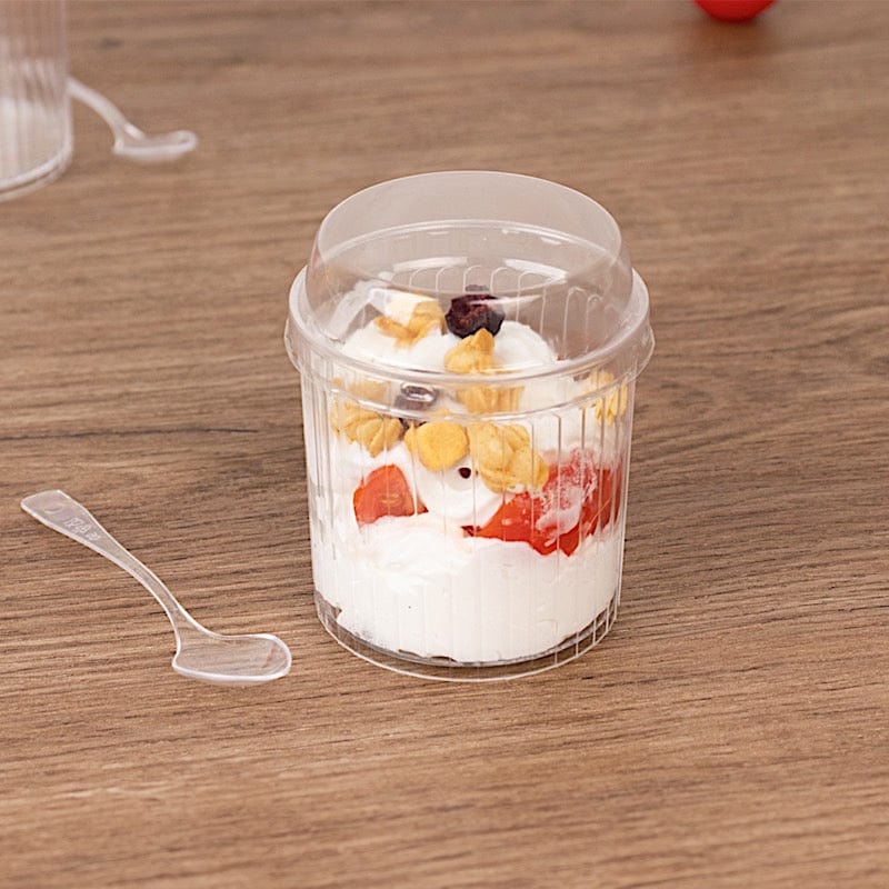 24 Clear Ribbed Plastic Fruit Dessert Cups 5 oz with Lids and Spoons