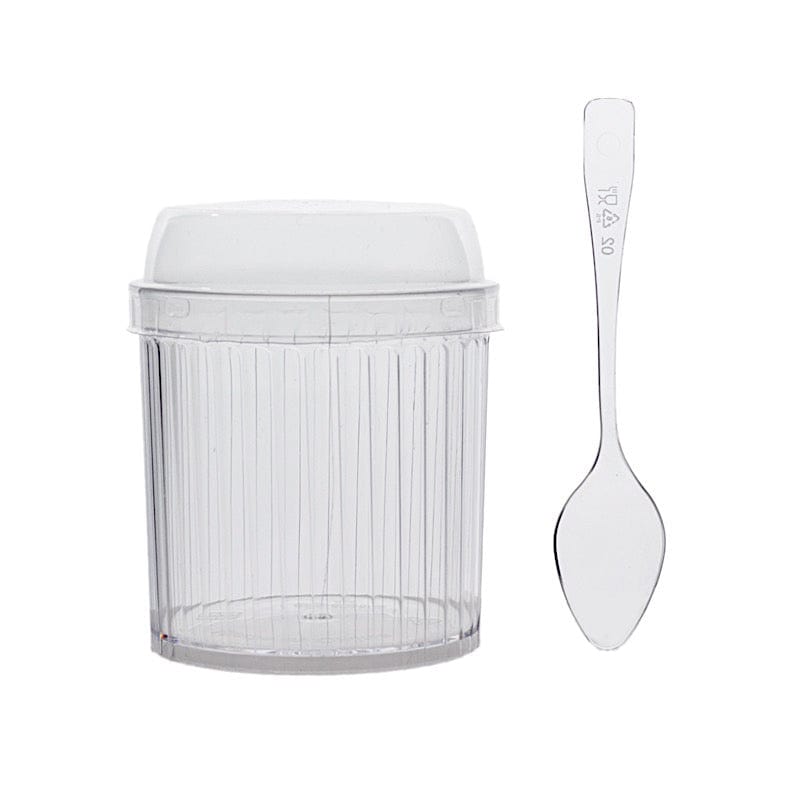 24 Clear Ribbed Plastic Fruit Dessert Cups 5 oz with Lids and Spoons