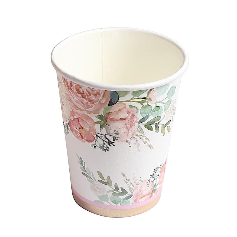 24 White 9 oz Pink Peony Flower Design Disposable Paper Drinking Cups
