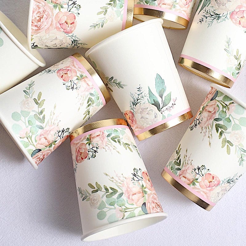 24 White 9 oz Pink Peony Flower Design Disposable Paper Drinking Cups