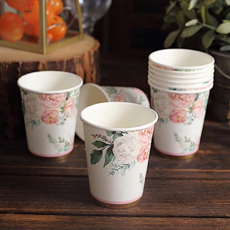 24 White 9 oz Pink Peony Flower Design Disposable Paper Drinking Cups