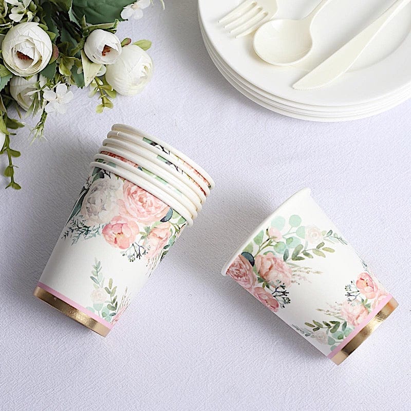 24 White 9 oz Pink Peony Flower Design Disposable Paper Drinking Cups
