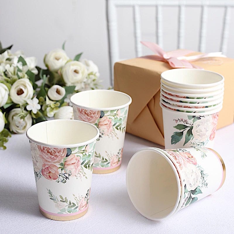 24 White 9 oz Pink Peony Flower Design Disposable Paper Drinking Cups
