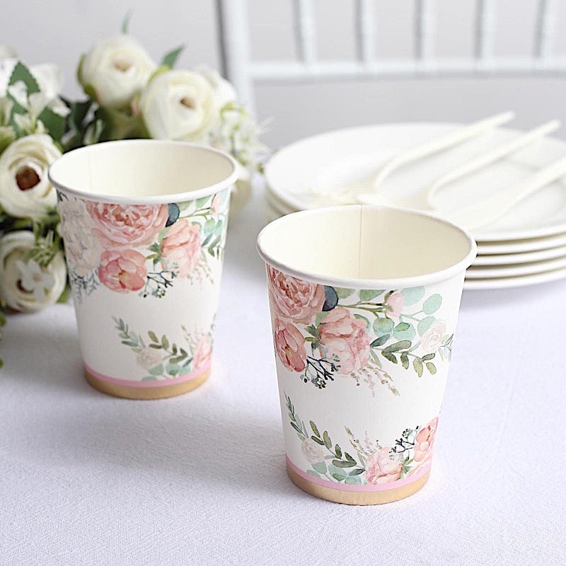 24 White 9 oz Pink Peony Flower Design Disposable Paper Drinking Cups