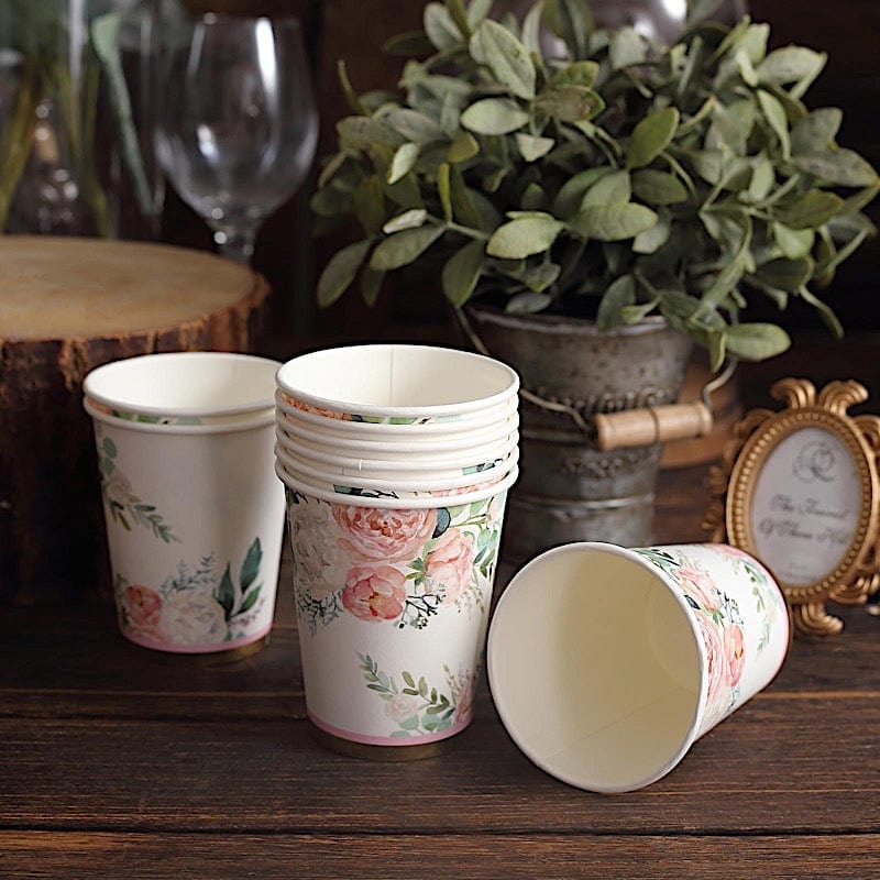 24 White 9 oz Pink Peony Flower Design Disposable Paper Drinking Cups
