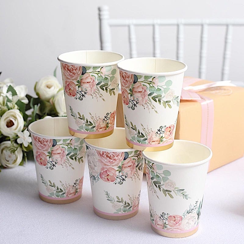 24 White 9 oz Pink Peony Flower Design Disposable Paper Drinking Cups