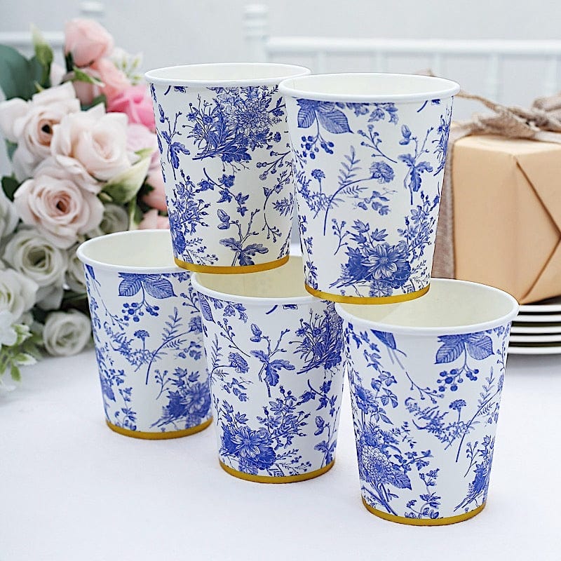 24 White 9 oz Blue Floral Design Paper Drinking Cups with Gold Rim
