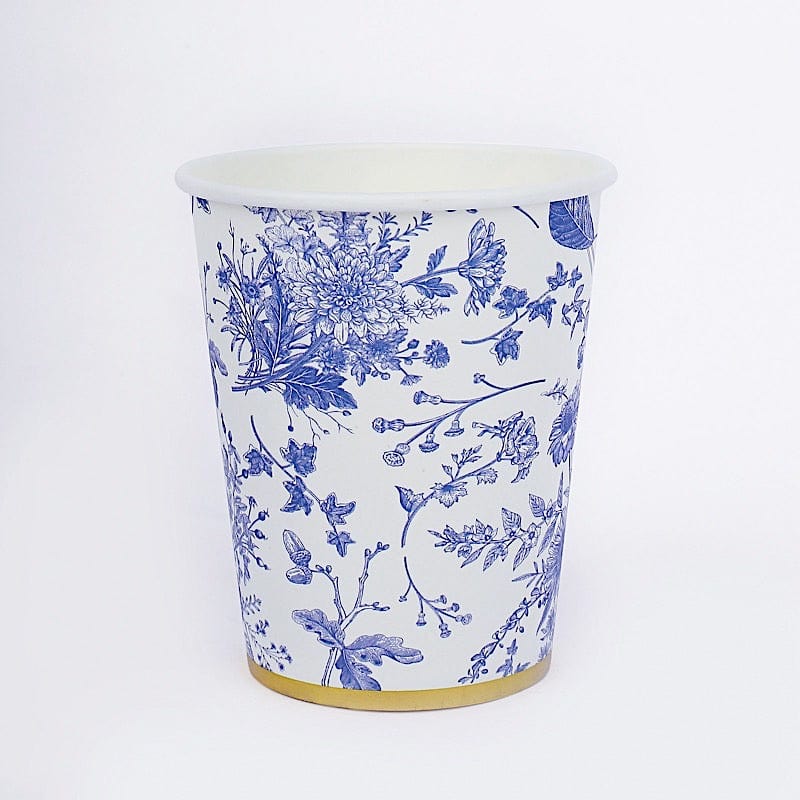 24 White 9 oz Blue Floral Design Disposable Paper Drinking Cups with Gold Rim