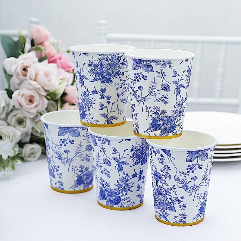 Irenare 96 Pack Blue and White Flower Disposable Coffee Cups with Lids 16  oz Blue Floral Paper Cups Chinoiserie Floral Pattern Paper Cups for Office