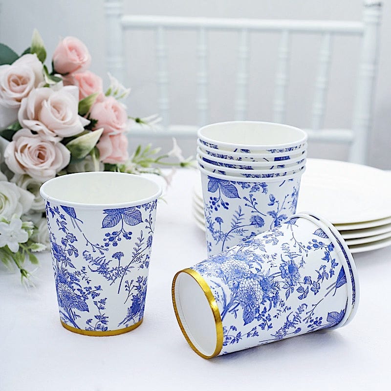 24 White 9 oz Blue Floral Design Disposable Paper Drinking Cups with Gold Rim