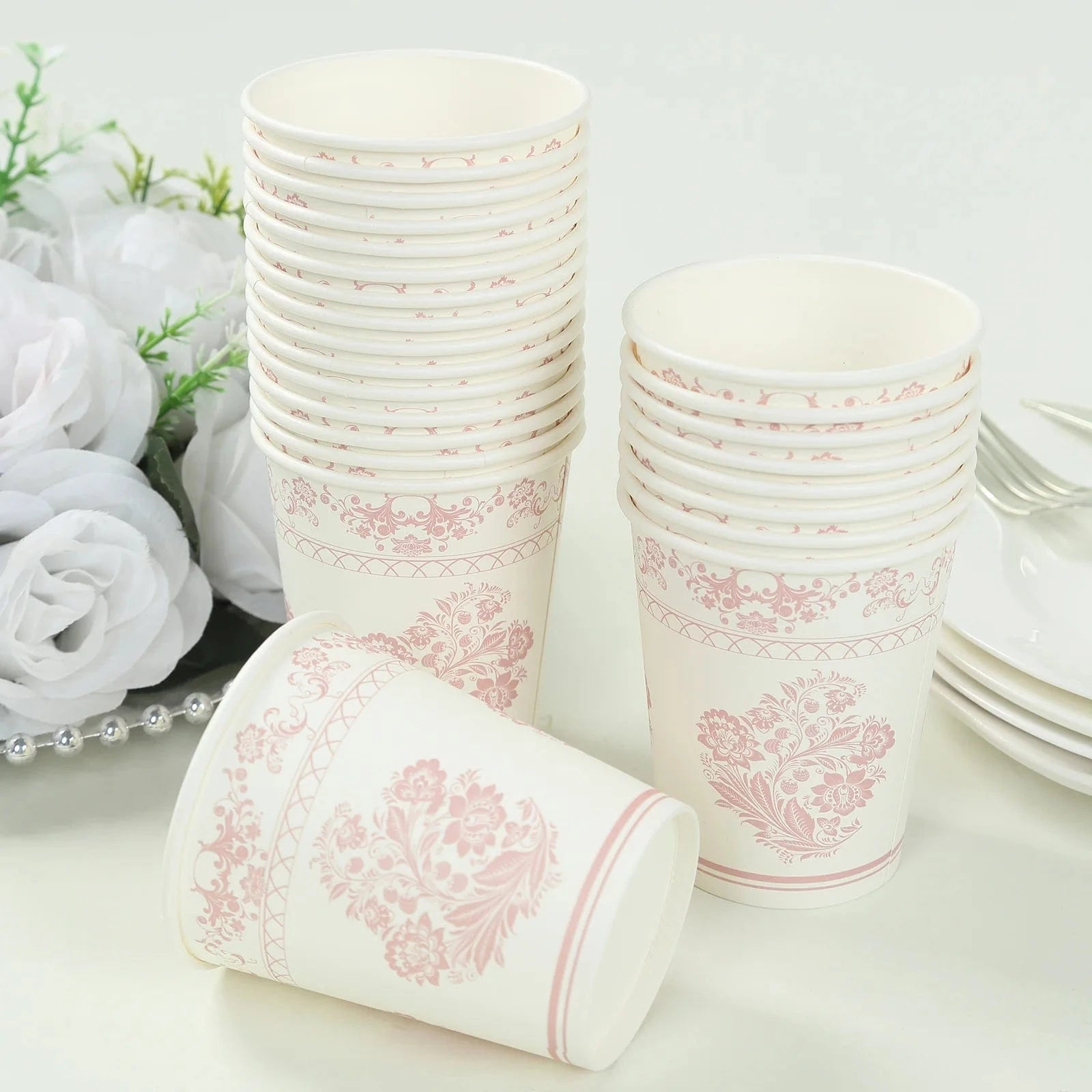 24 White and pink Round French Toile Floral Paper Cups