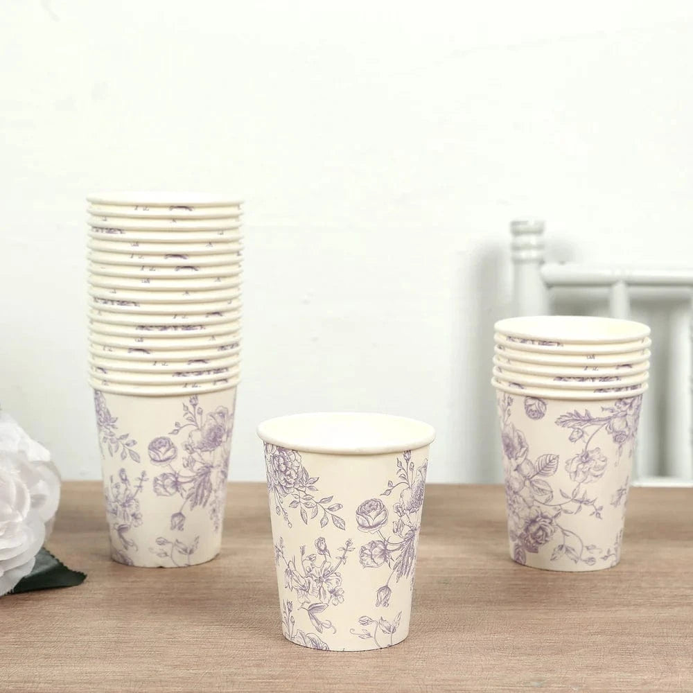 24 White Disposable French Toile Print Paper Cups