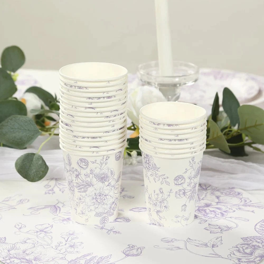 24 White Disposable French Toile Print Paper Cups