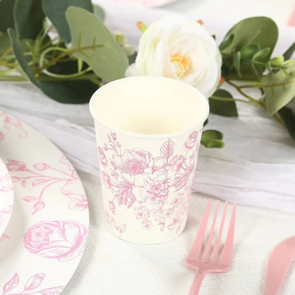 24 White Disposable French Toile Print Paper Cups