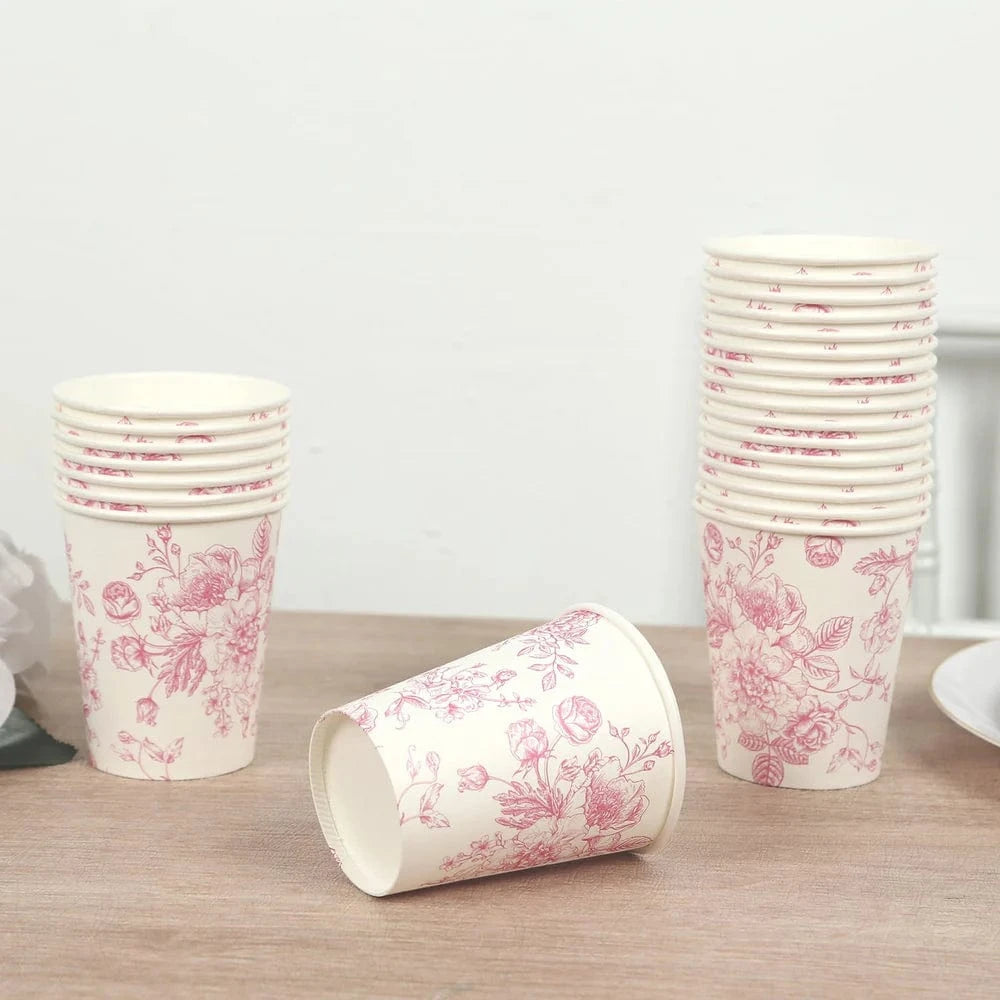 24 White Disposable French Toile Print Paper Cups