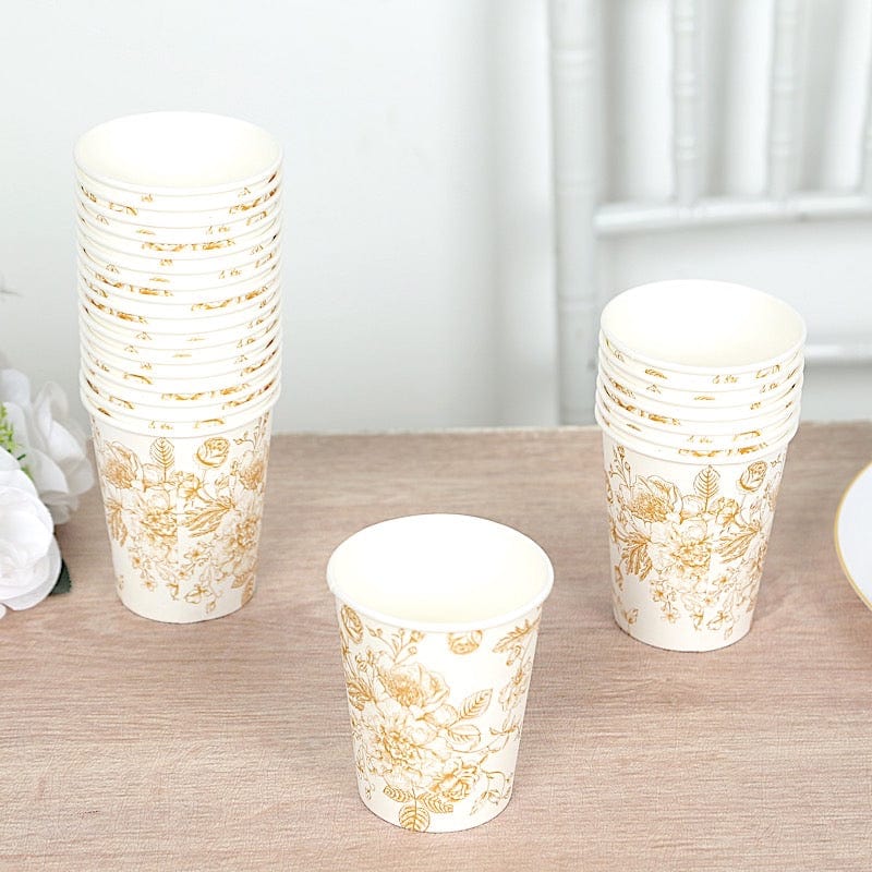 24 White Disposable French Toile Print Paper Cups