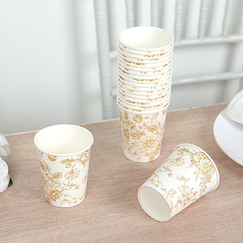 24 White Disposable French Toile Print Paper Cups