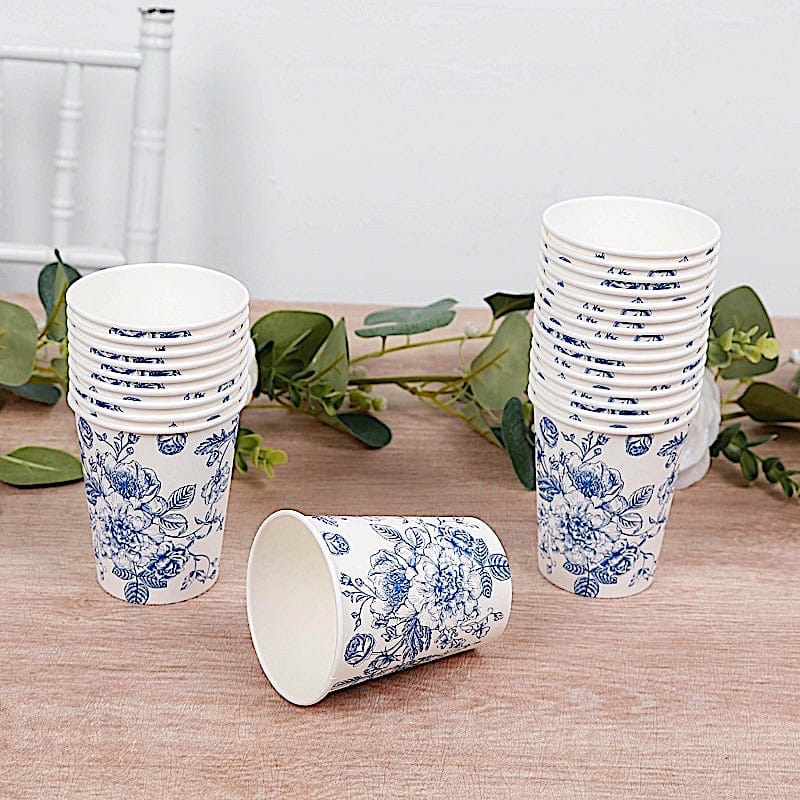 50 White Disposable French Toile Print Paper Cups