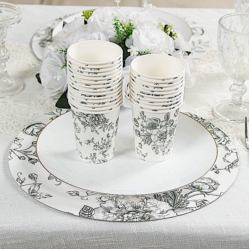 50 White Disposable French Toile Print Paper Cups