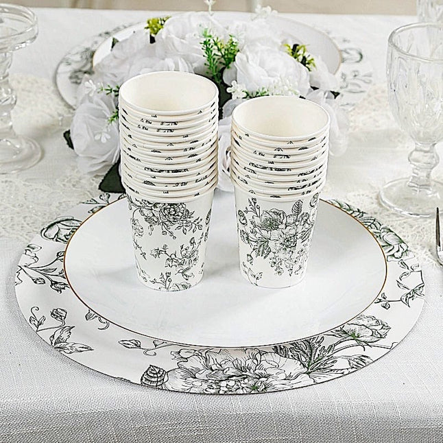 50 White Disposable French Toile Print Paper Cups