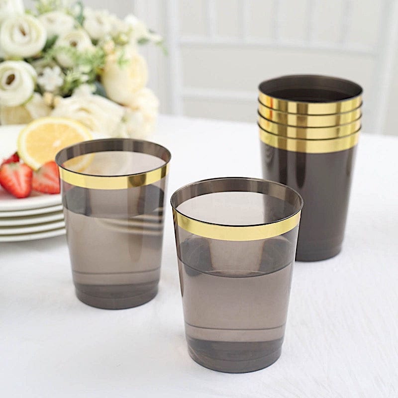 25 Crystal Black 10 oz Disposable Plastic Cups with Gold Trim