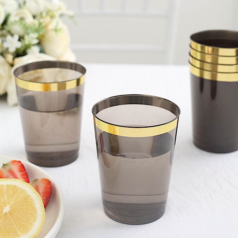 25 Crystal Black 10 oz Disposable Plastic Cups with Gold Trim