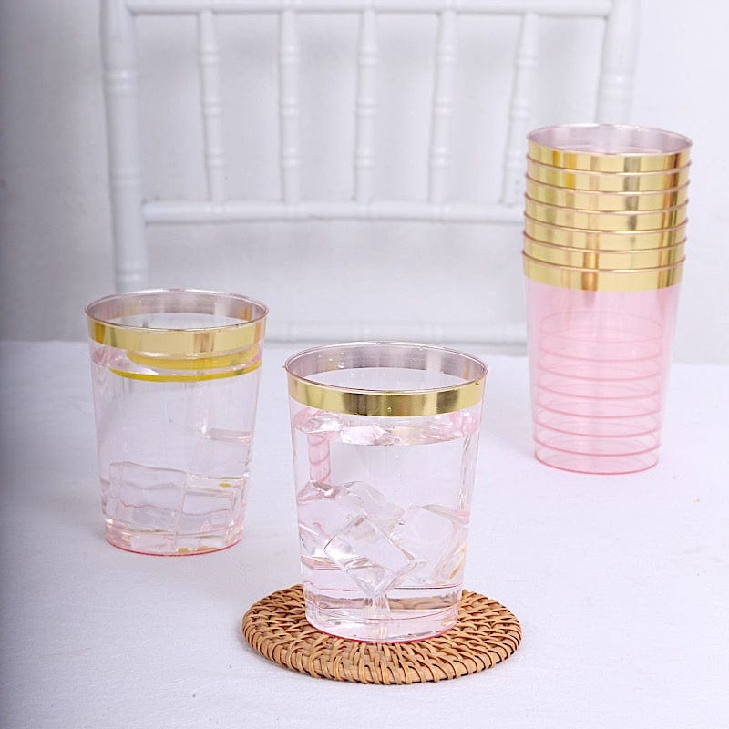 25 Crystal Blush 10 oz Disposable Plastic Cups with Gold Trim
