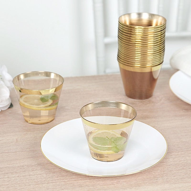 25 Pack 9 oz Plastiс Party Cups with Gold Rim