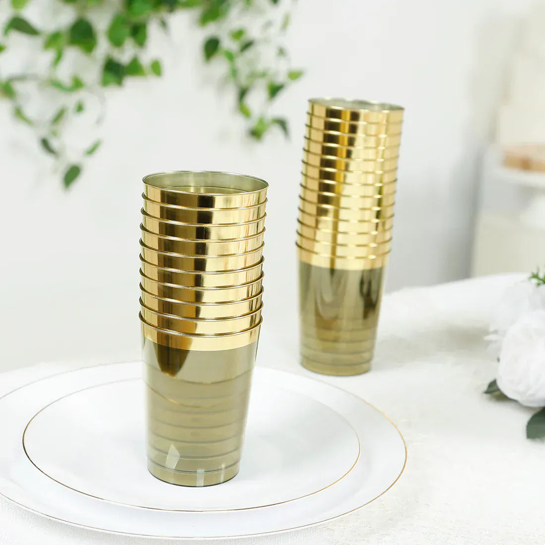 25 pcs 10 oz. Transparent Dusty Sage Green Disposable Plastic Party Cups with Gold Rim