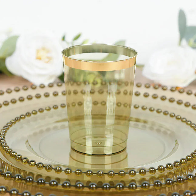25 pcs 10 oz. Transparent Dusty Sage Green Disposable Plastic Party Cups with Gold Rim