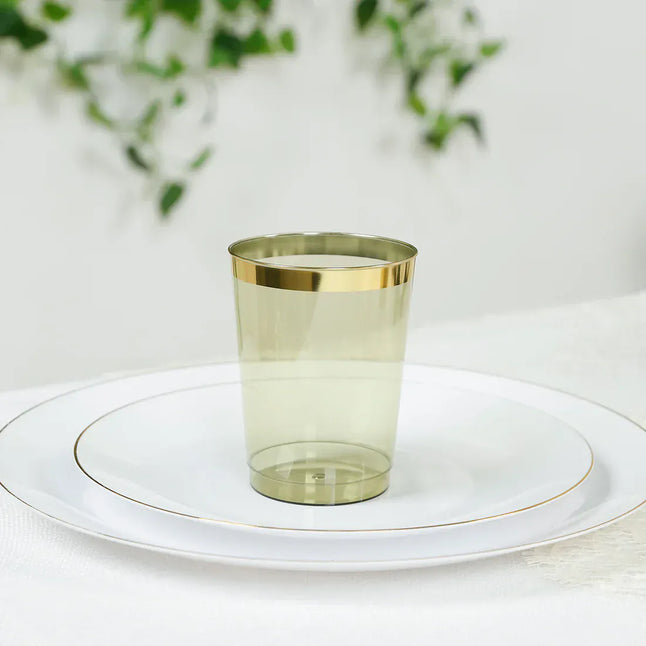 25 pcs 10 oz. Transparent Dusty Sage Green Disposable Plastic Party Cups with Gold Rim