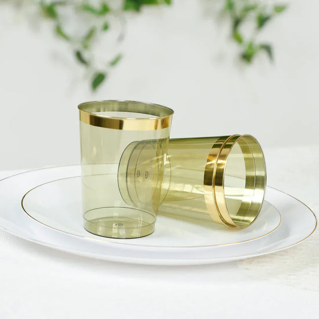 25 pcs 10 oz. Transparent Dusty Sage Green Disposable Plastic Party Cups with Gold Rim