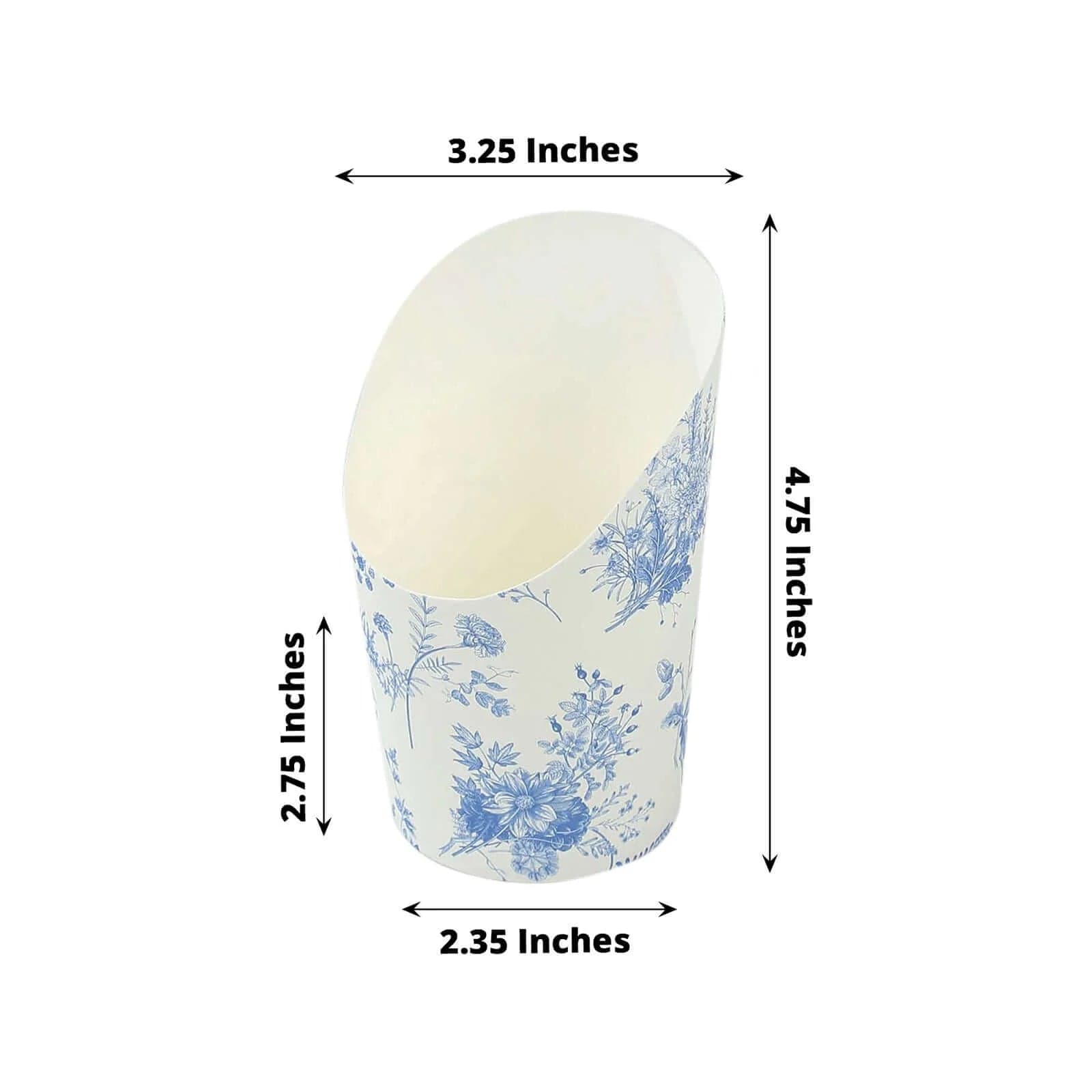 50 White Blue 14 oz Paper Popcorn Box Cone Cups with French Toile Floral Pattern