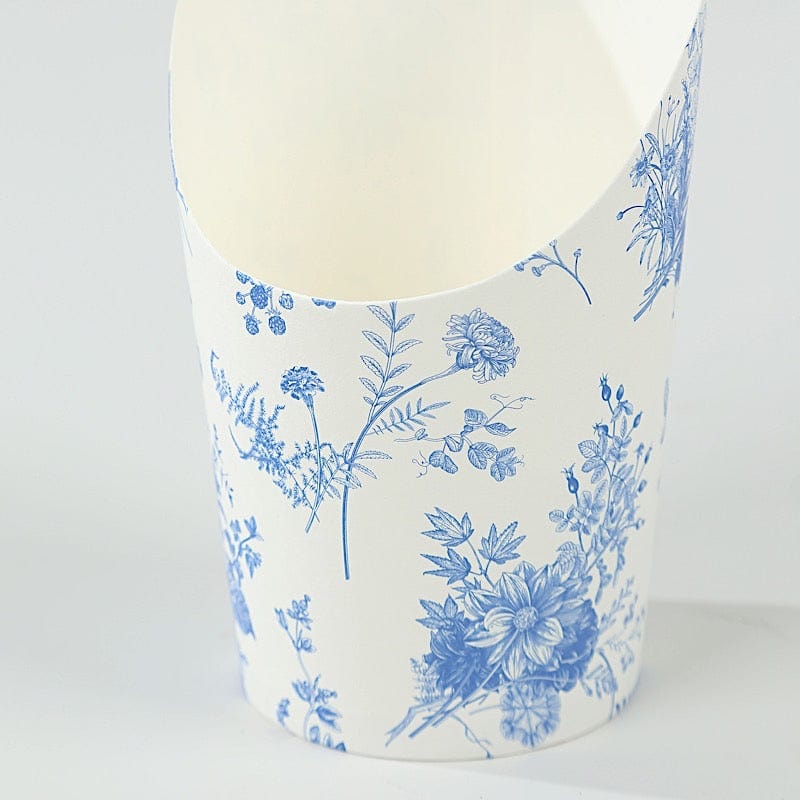 50 White Blue 14 oz Paper Popcorn Box Cone Cups with French Toile Floral Pattern