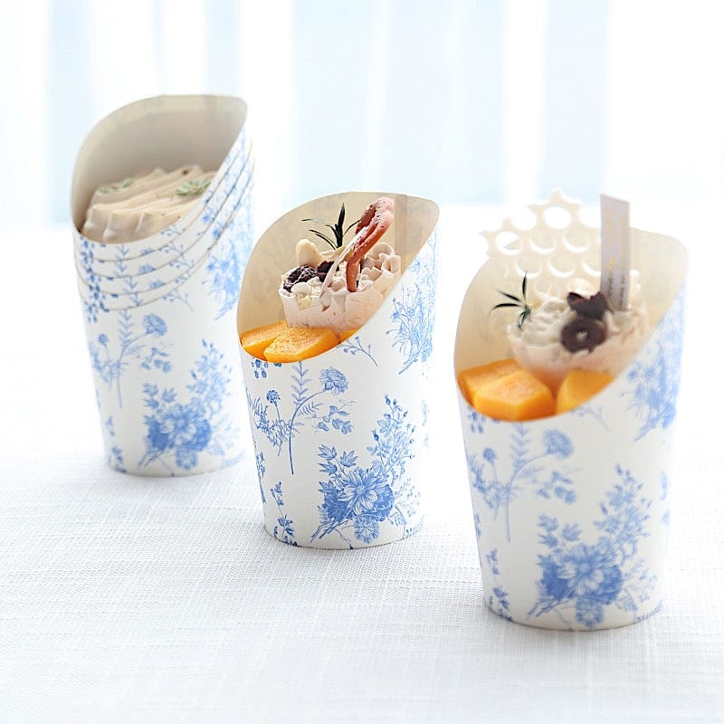 50 White Blue 14 oz Paper Popcorn Box Cone Cups with French Toile Floral Pattern