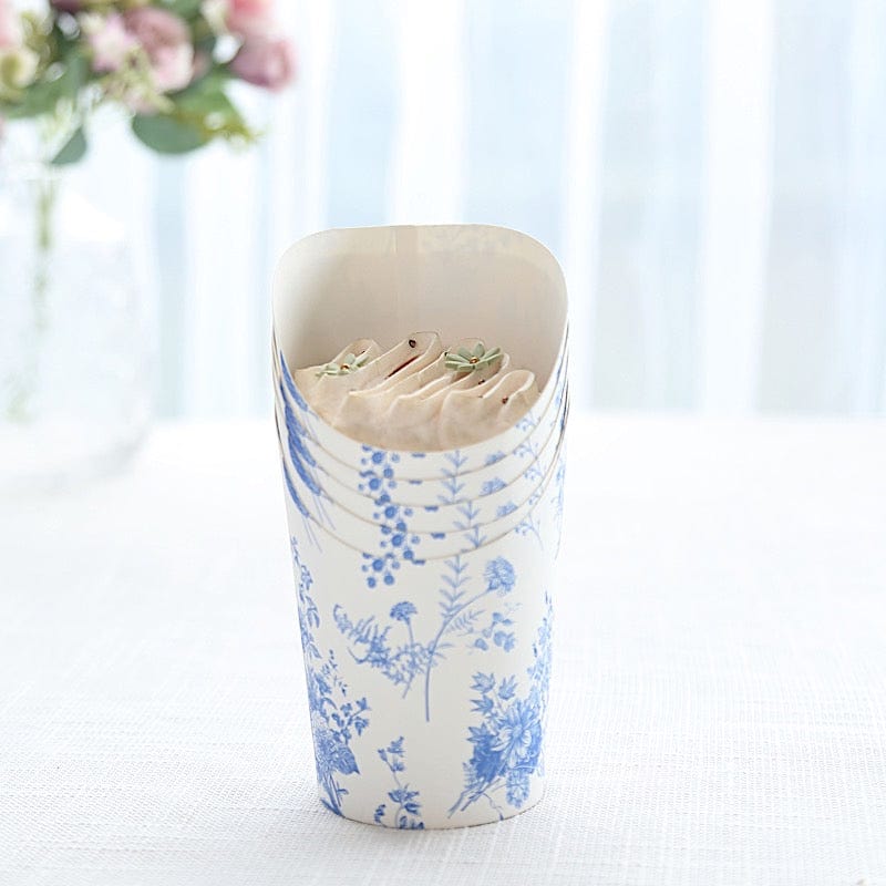 50 White Blue 14 oz Paper Popcorn Box Cone Cups with French Toile Floral Pattern