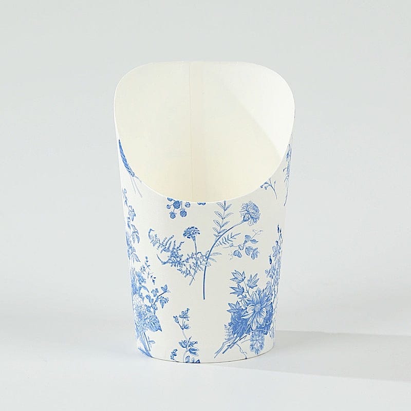 50 White Blue 14 oz Paper Popcorn Box Cone Cups with French Toile Floral Pattern