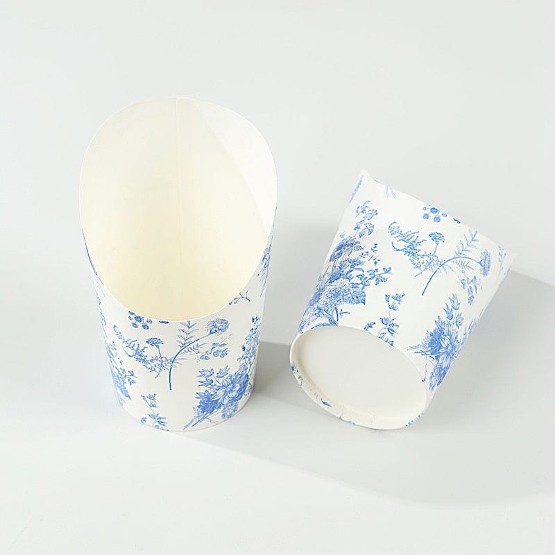 50 White Blue 14 oz Paper Popcorn Box Cone Cups with French Toile Floral Pattern