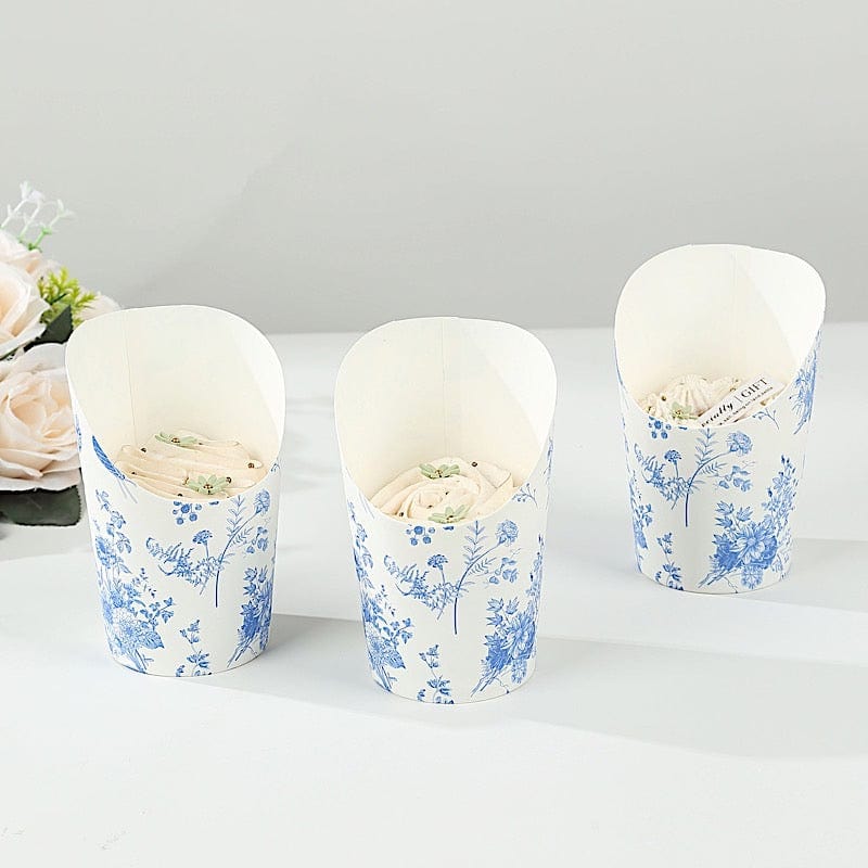 50 White Blue 14 oz Paper Popcorn Box Cone Cups with French Toile Floral Pattern