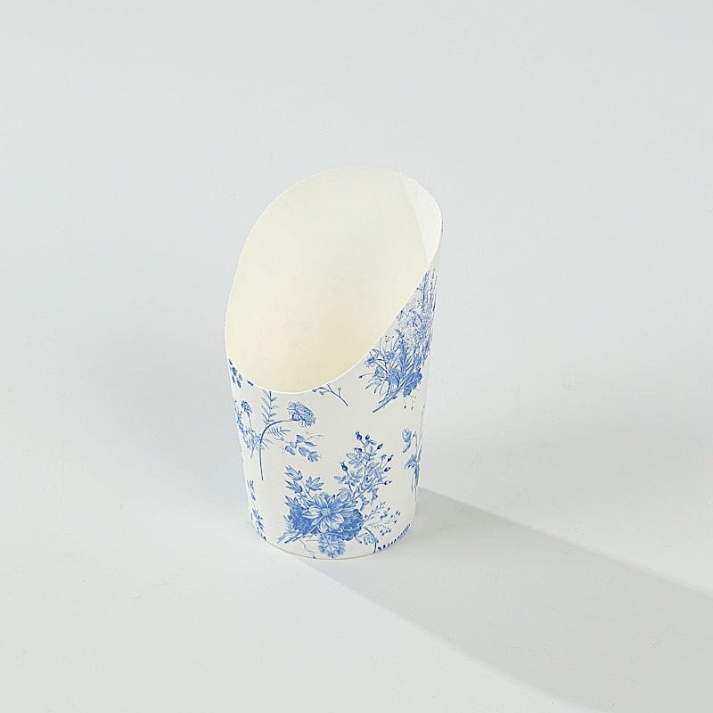 50 White Blue 14 oz Paper Popcorn Box Cone Cups with French Toile Floral Pattern