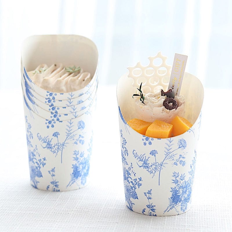 50 White Blue 14 oz Paper Popcorn Box Cone Cups with French Toile Floral Pattern