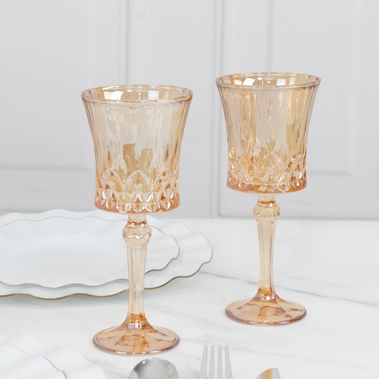 6 Amber Gold 9oz Crystal Cut Vintage Goblets Wine Glasses