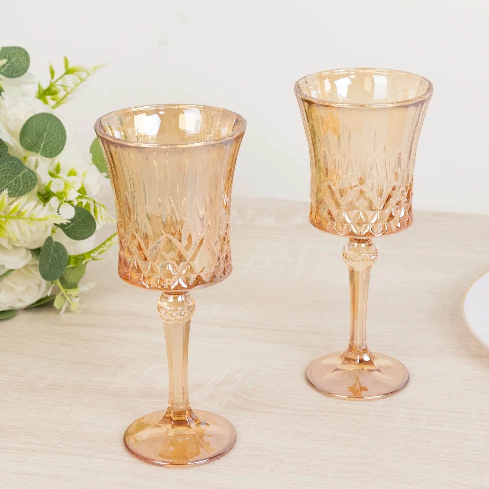 6 Amber Gold 9oz Crystal Cut Vintage Goblets Wine Glasses