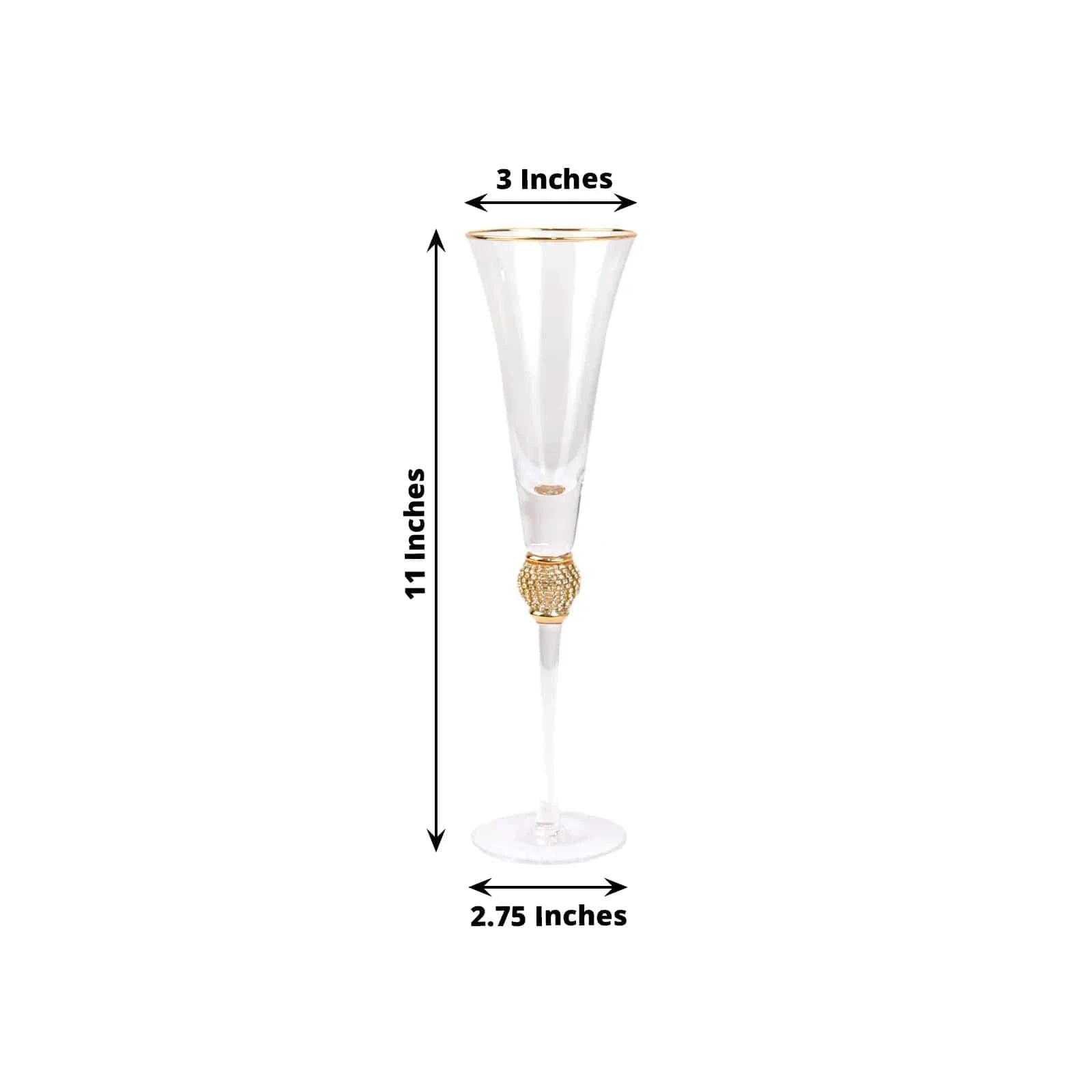 6 Clear Champagne Flute Glasses 6oz Gold Rim Design with Rhinestones