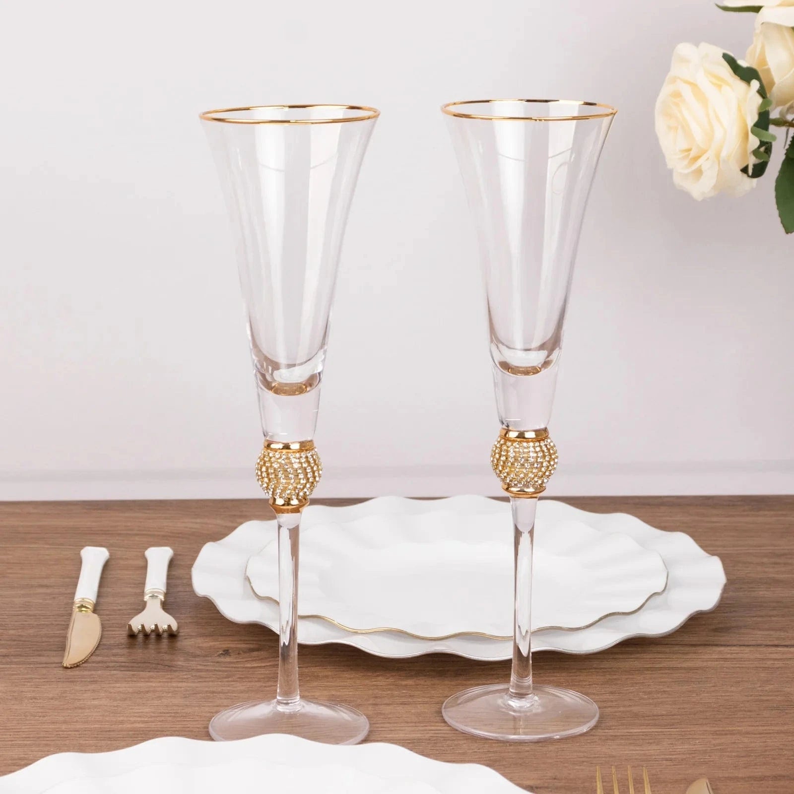 6 Clear Champagne Flute Glasses 6oz Gold Rim Design with Rhinestones