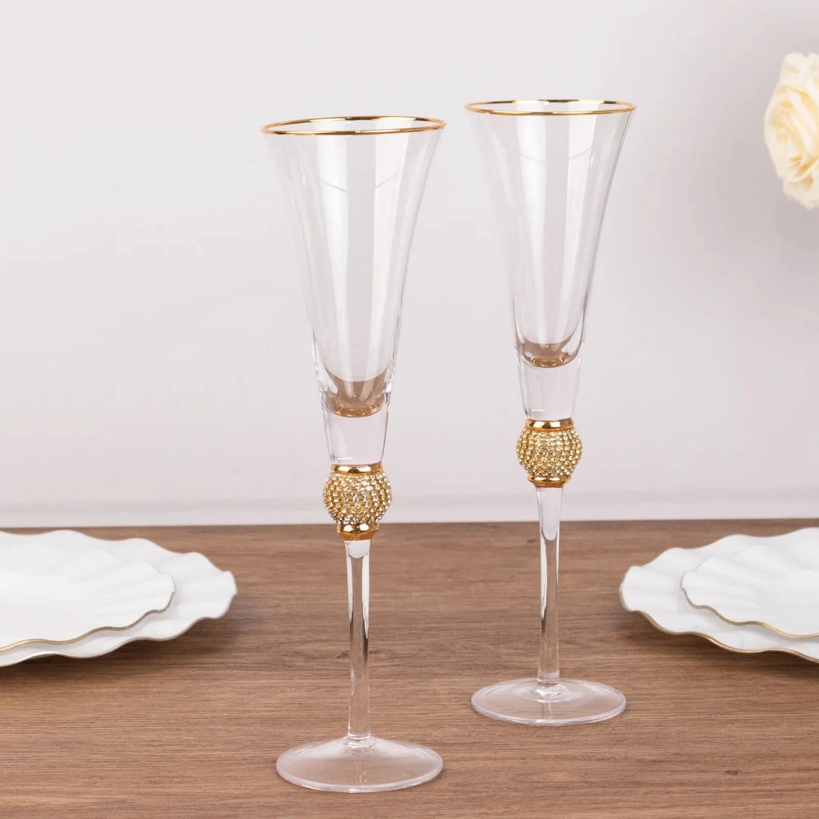 6 Clear Champagne Flute Glasses 6oz Gold Rim Design with Rhinestones