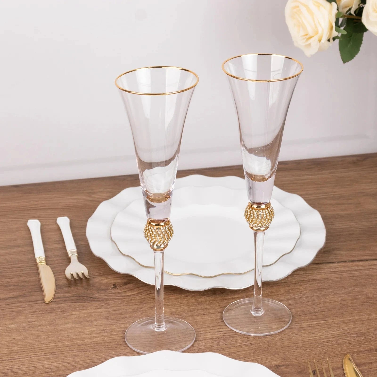 6 Clear Champagne Flute Glasses 6oz Gold Rim Design with Rhinestones