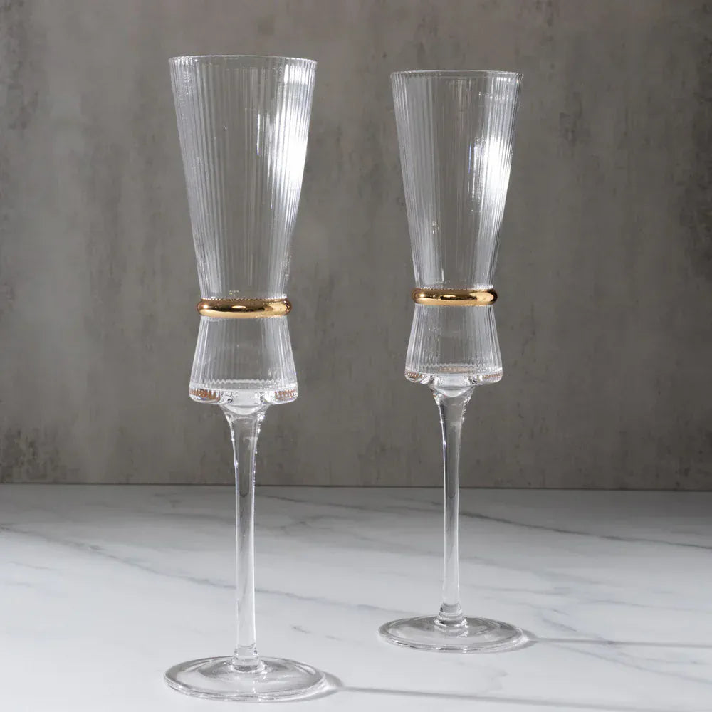 6 Clear Champagne Flutes 6oz Ribbed Stemware with Gold Ring Accent