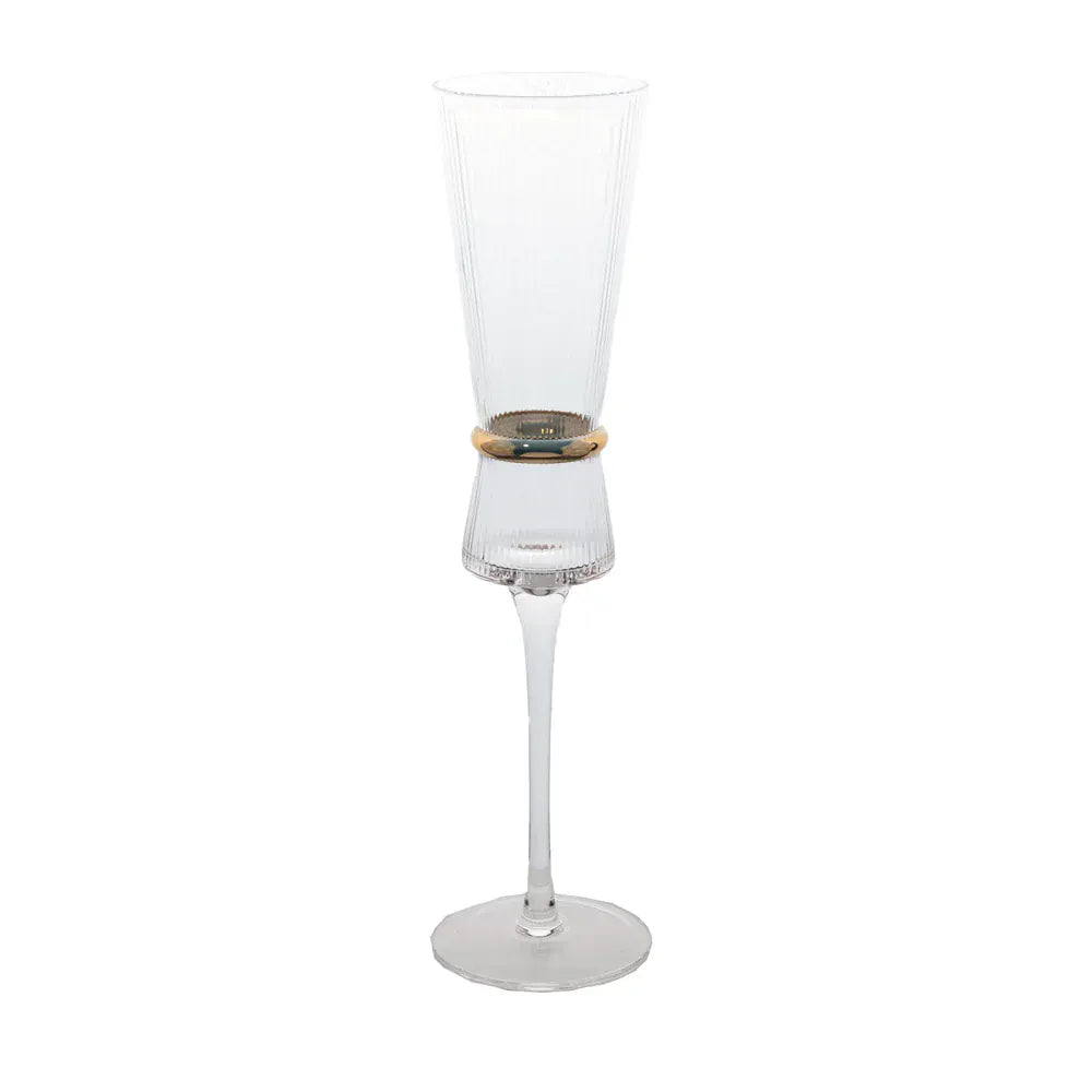 6 Clear Champagne Flutes 6oz Ribbed Stemware with Gold Ring Accent
