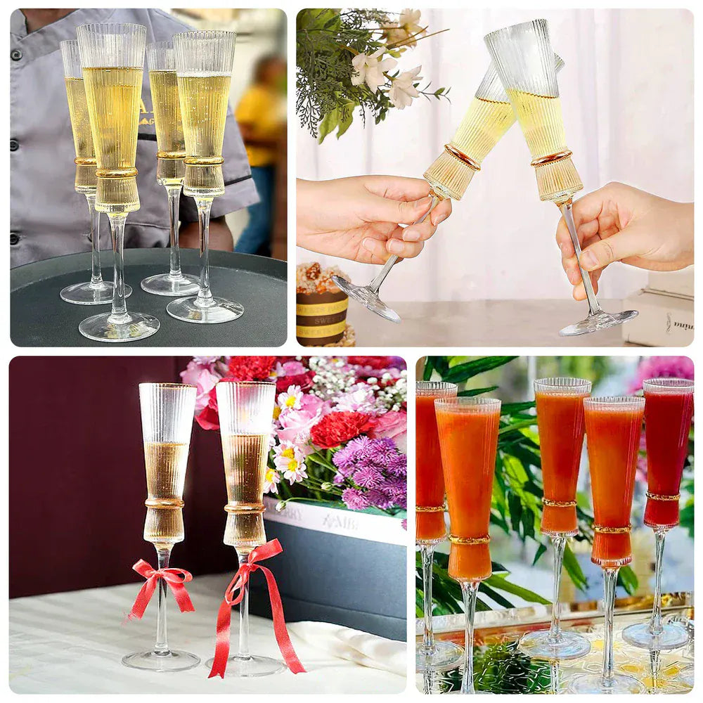 6 Clear Champagne Flutes 6oz Ribbed Stemware with Gold Ring Accent